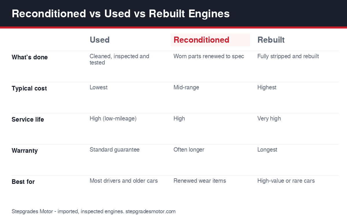 reconditioned engine vs used vs rebuilt comparison